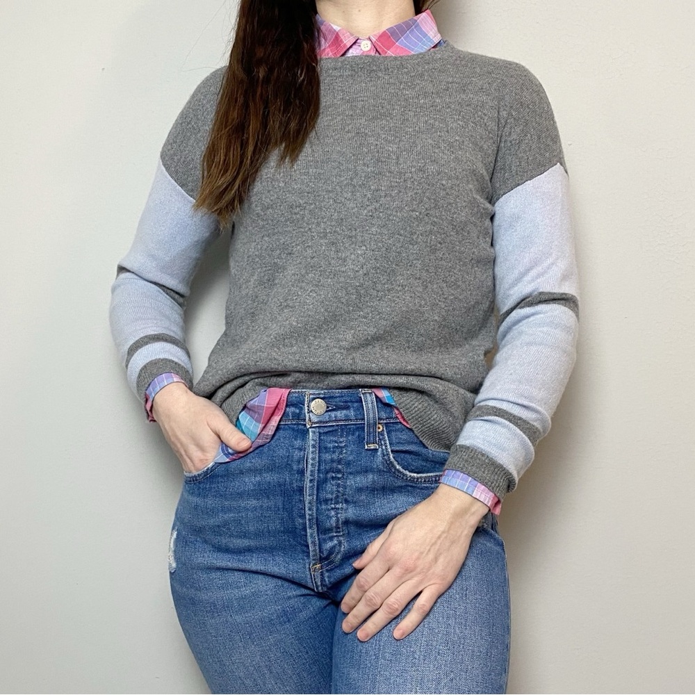 Kier+J Cashmere Gray/Blue Stripe Sleeve Sweater